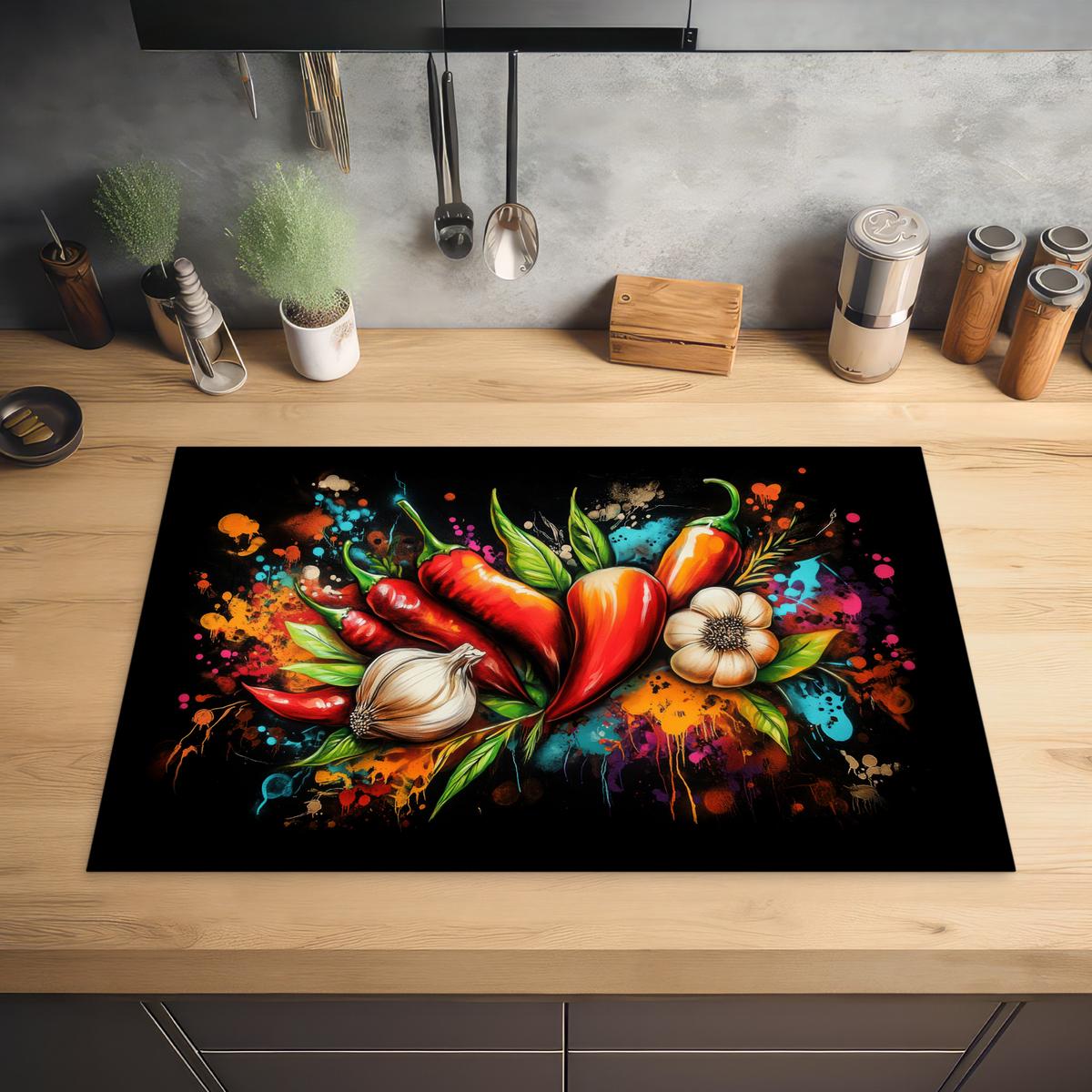 HERDABDECKPLATTE Gemüse - Paprika - Knoblauch - Graffiti - Farbe - Bunt Induktionsschutz 80x52.2 cm - Rot, Kunststoff (80.2/52.2/0.2cm) - MuchoWow