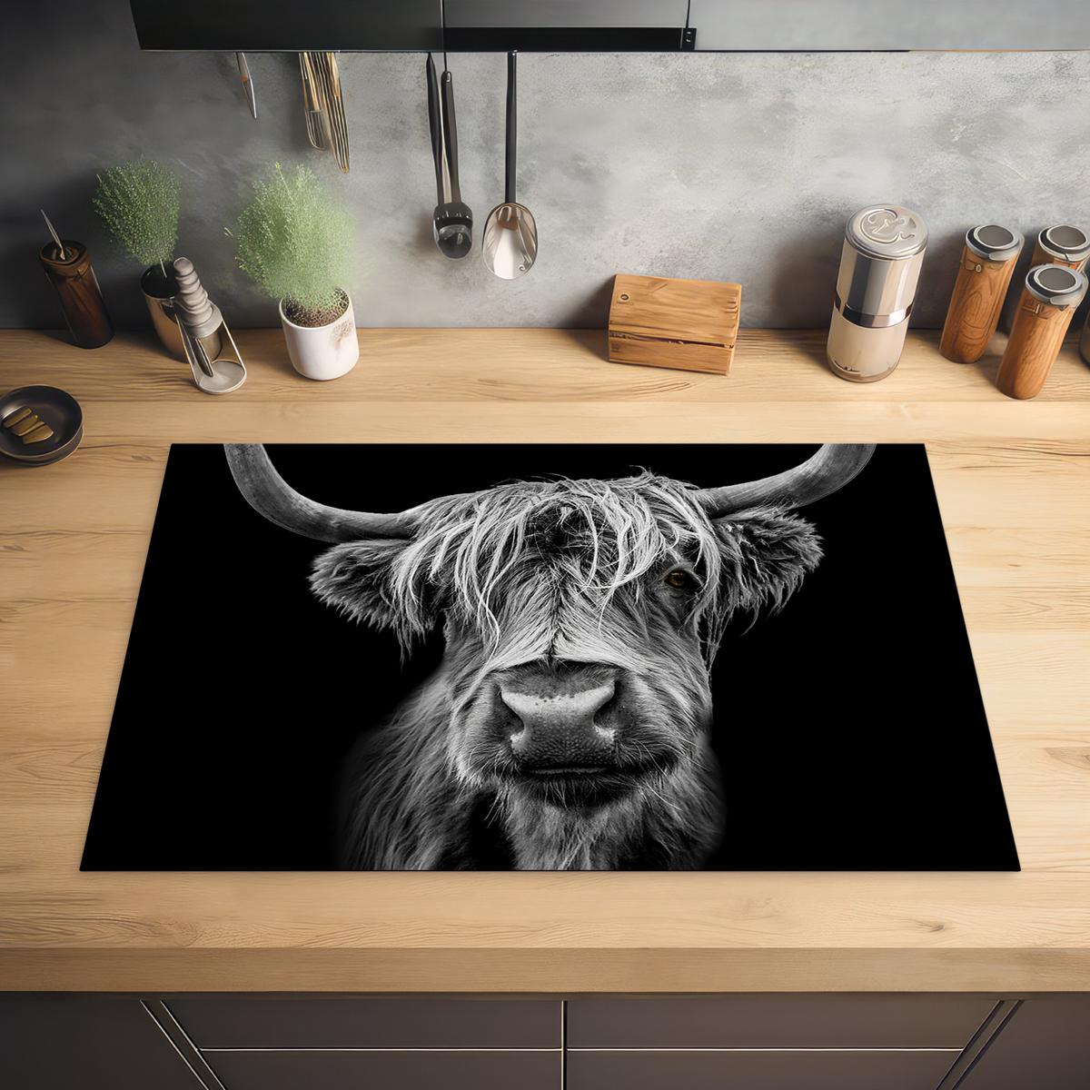 HERDABDECKPLATTE Schottischer Highlander - Hörner - Schwarz - Weiß - Kuh - Wild - Tiere Induktionsmatte 81x52 cm - Schwarz, Kunststoff (81/52/0.2cm) - MuchoWow