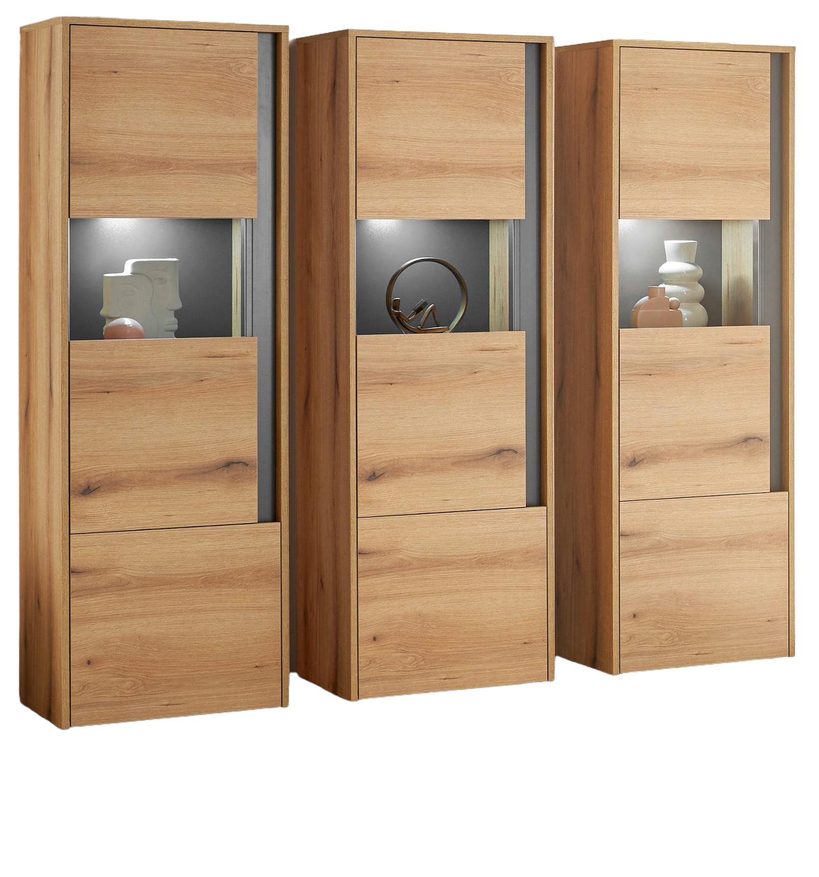 SCHRANK-SET 3-teilig Evoke Eiche, grau, Wohnkombination mit 3 x Vitrine - Eichefarben/Grau, Glas/Holzwerkstoff (190/155/40cm) - Furn.Design