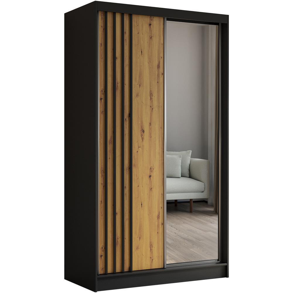 SCHWEBETÜRENSCHRANK Nela II 120/216/61 schwarz mit Schubladen - Schwarz/Eiche Artisan, Holzwerkstoff (120/216/61cm) - Beautysofa