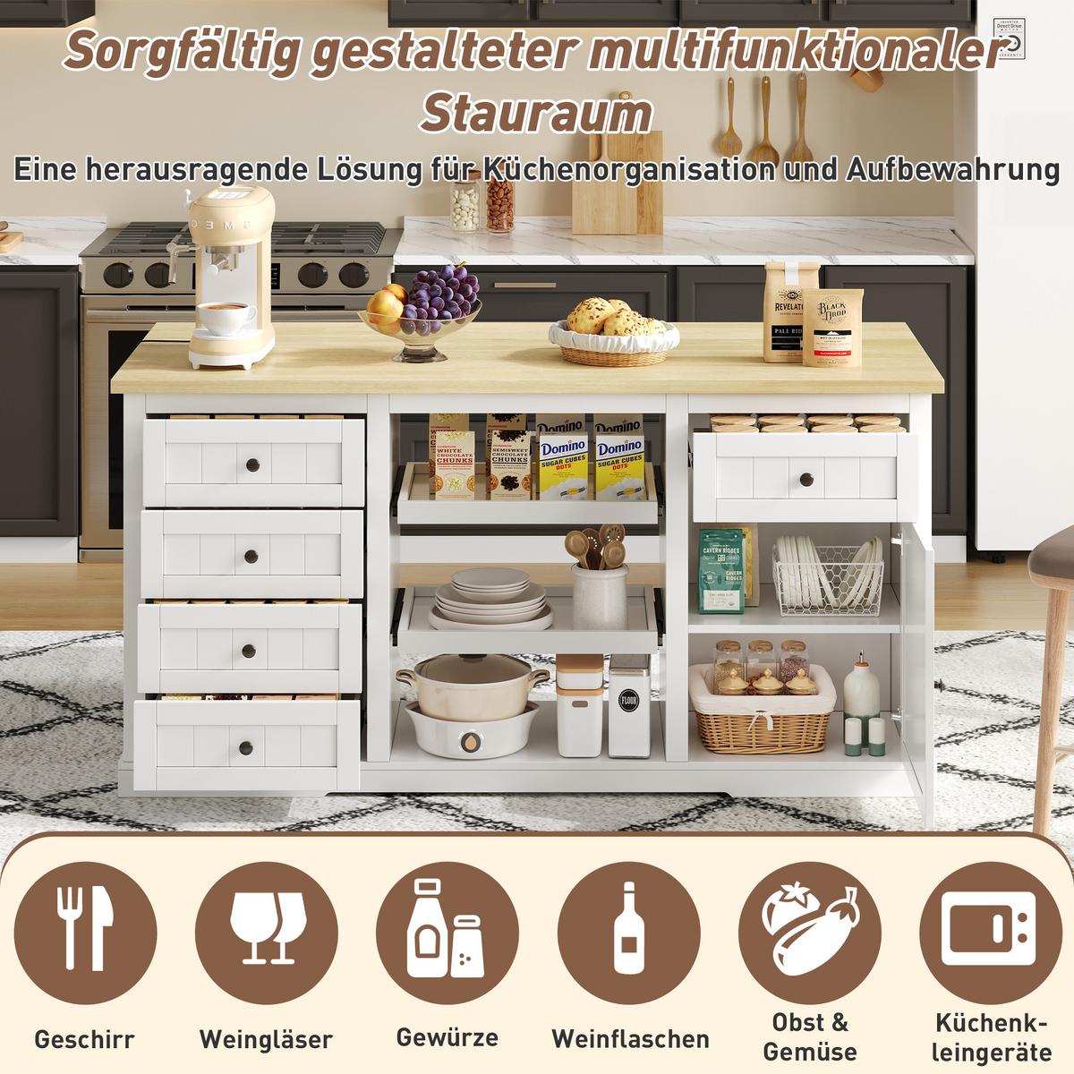 KÜCHENINSEL mit Arbeitsplatte, Schubladen & Stauraum – Weiß/Eiche, 150 cm - Weiß, Holzwerkstoff/Metall (150/76/65cm) - Urban Meuble