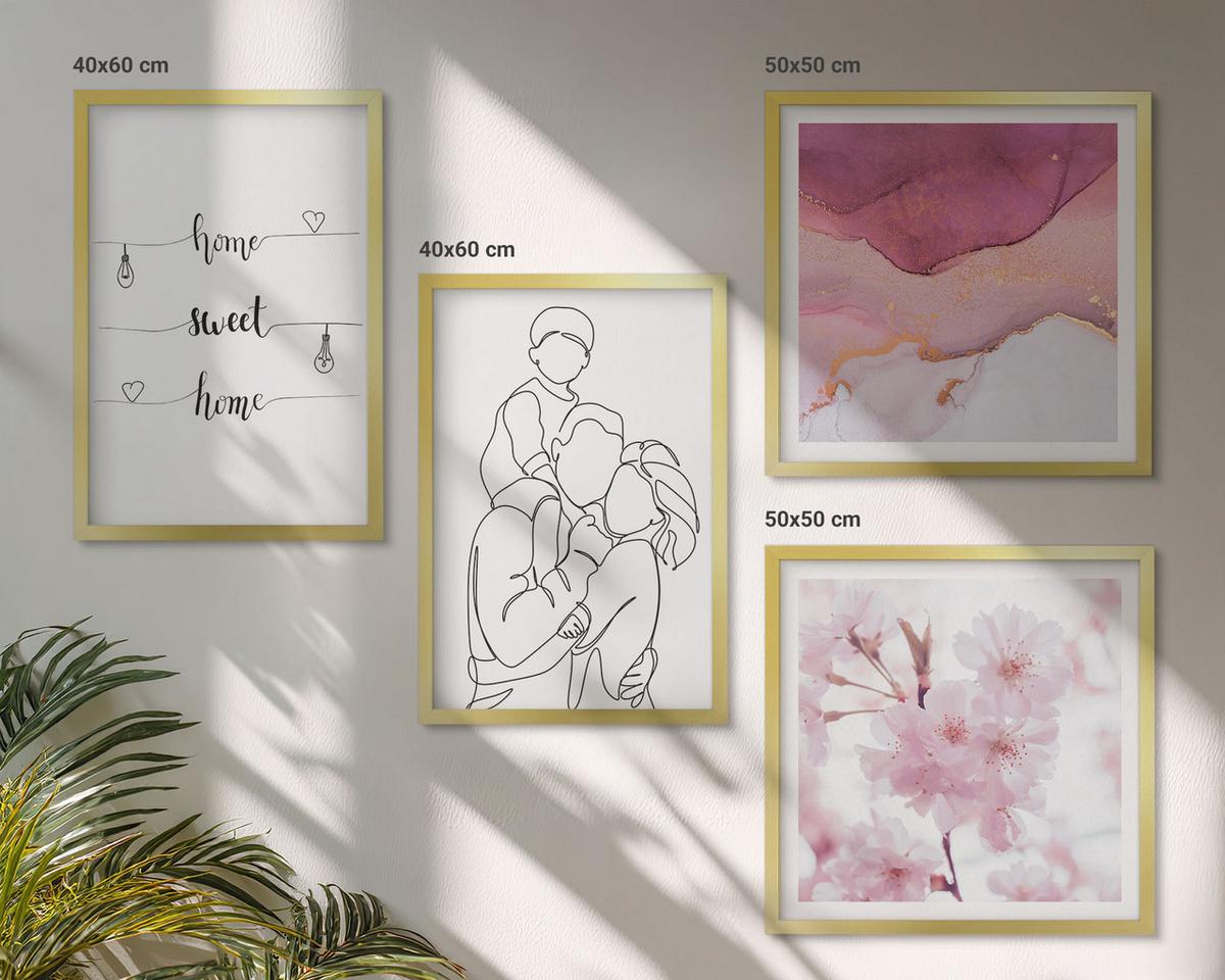 BILDER SET 4er Set - 50x50 cm & 40x60 cm Goldrahmen - Blumenfamilie minimalistisch - Goldfarben, Kunststoff (50/50cm) - TULUP