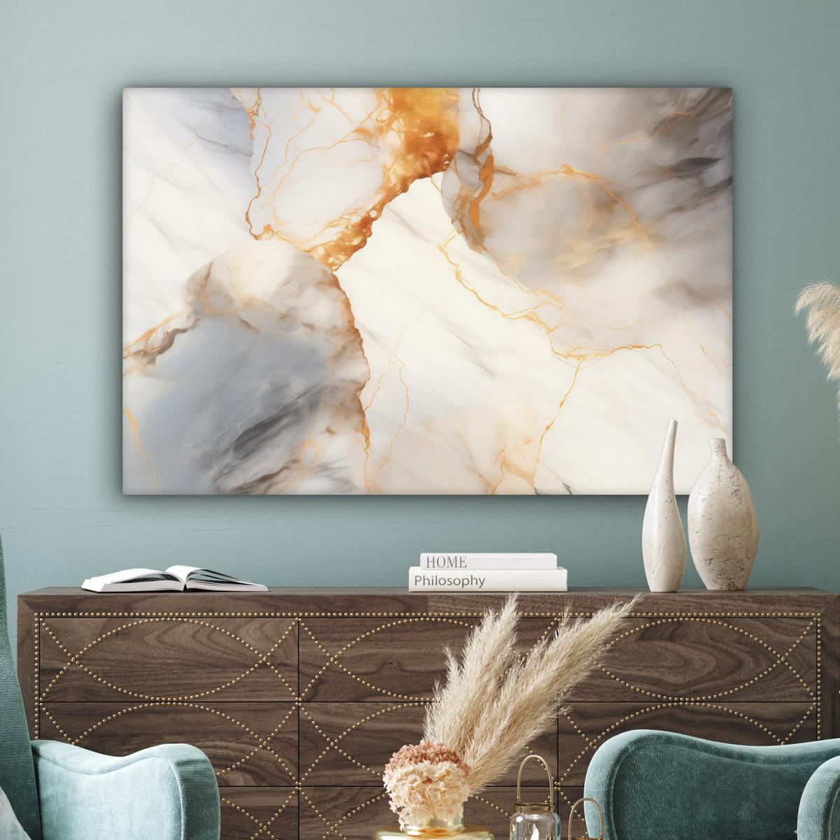 LEINWANDBILD Marmor - Grau - Gold Groß 140x90 cm - Weiß, Textil (140/90cm) - MuchoWow