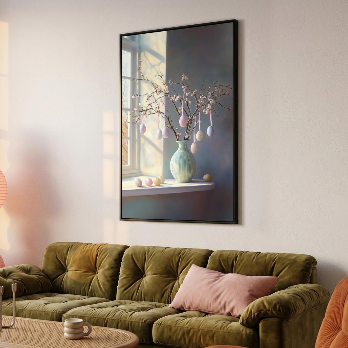 LEINWAND Bilder mit Rahmen - Stillleben - Vase - Osterzweig - 80x120 - Hellblau, Textil (80/120cm) - MuchoWow