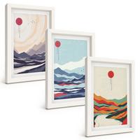 BILDER SET 3er Set - 20x30 cm Weißer Rahmen - Japanische Bergabstraktionen - Weiß, Kunststoff (20/30cm) - TULUP