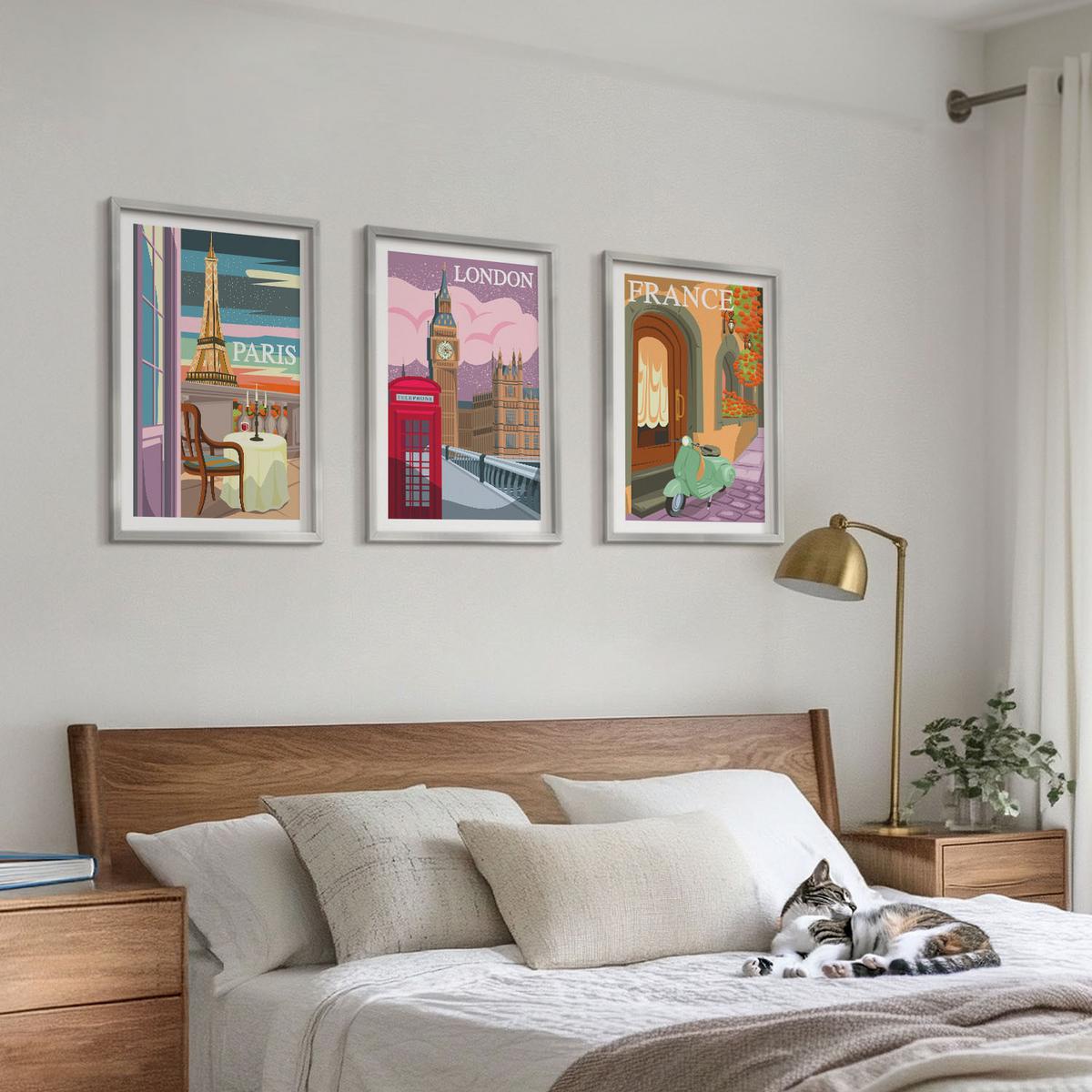 BILDER SET 3er Set - 40x60 cm Silberner Rahmen - Ansichten Paris London Retro - Silberfarben, Kunststoff (40/60cm) - TULUP