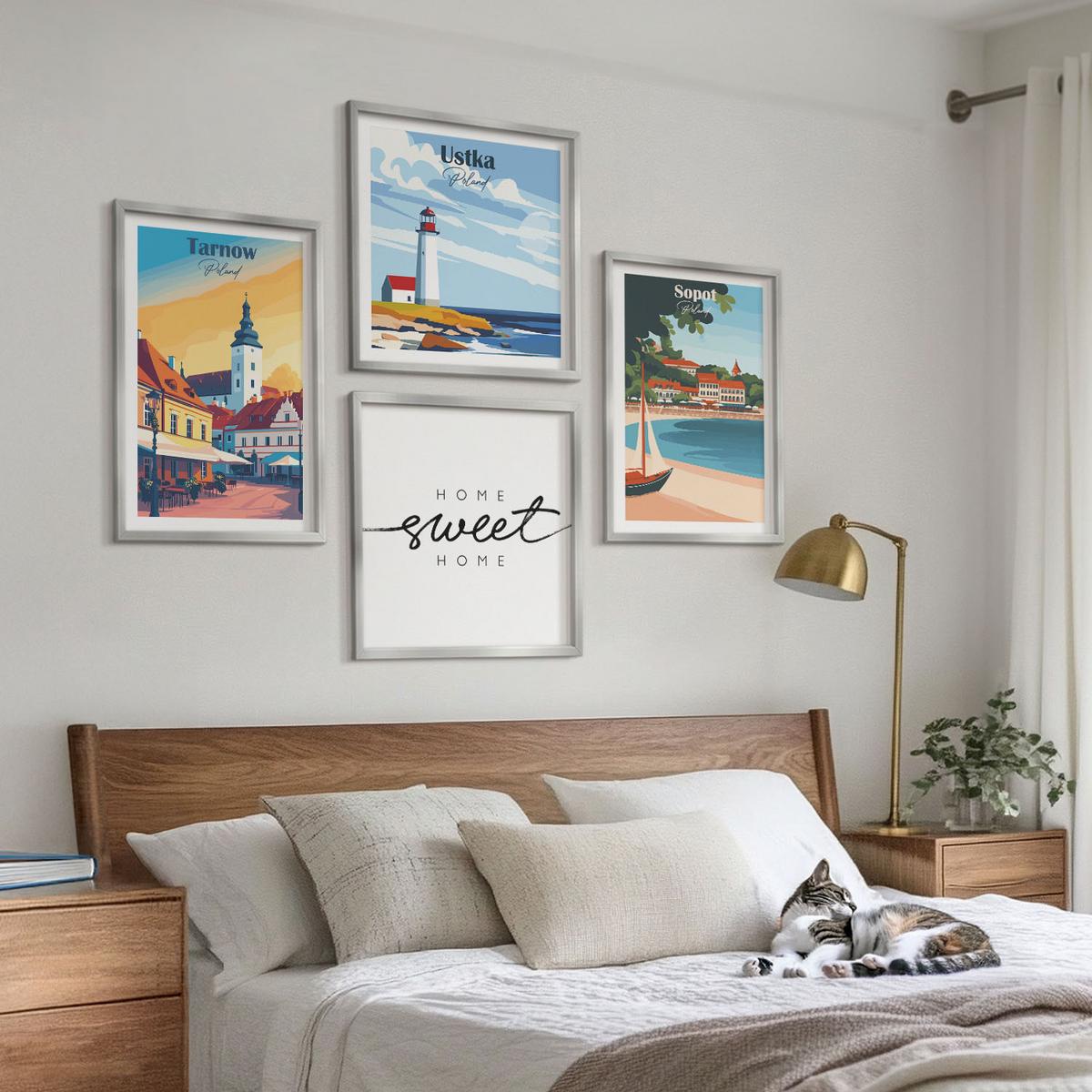 BILDER SET 4er Set - 50x50 cm & 40x60 cm Silberner Rahmen - Polnische Städte Ustka Tarnów Sopot - Silberfarben, Kunststoff (50/50cm) - TULUP