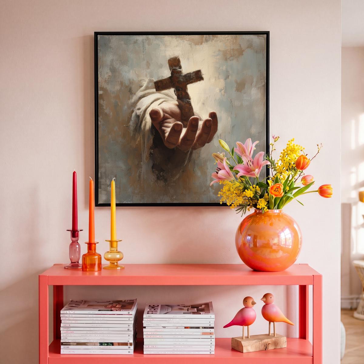 LEINWAND Bilder mit Rahmen - Abstrakt - Kreuz - Hand - Christentum - 50x50 - Hellbraun, Textil (50/50cm) - MuchoWow