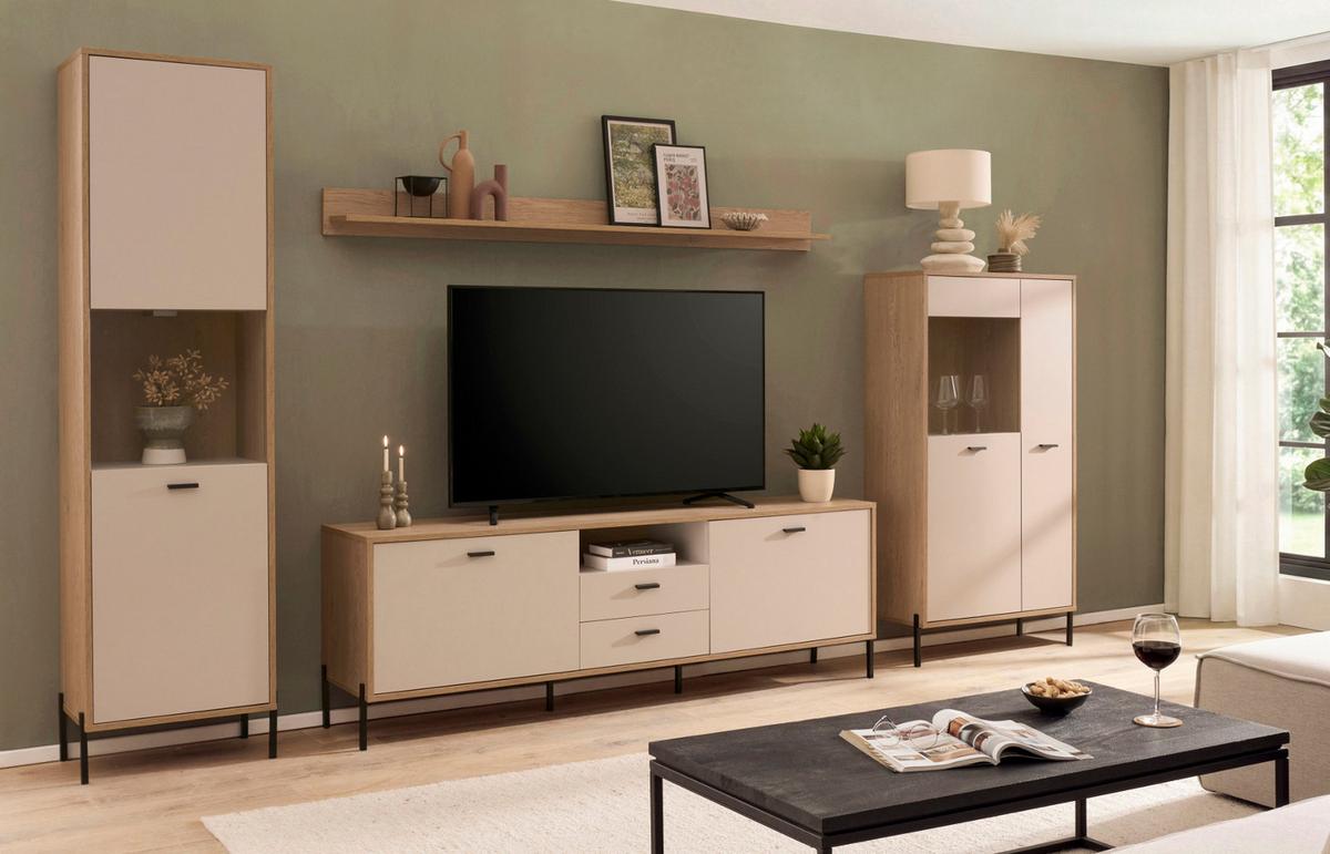WOHNWAND Kaschmir, Eiche 349 cm, Schrankwand mit Soft-Close - Kaschmir/Eichefarben, Glas/Holzwerkstoff (349/150/35cm) - Furn.Design