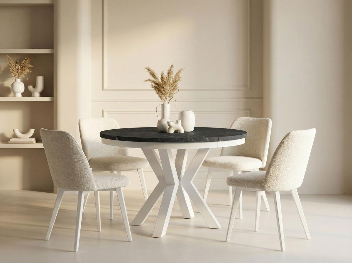 ESSTISCH Clara Weiß runder ausziehbarer, Marmor Schwarz 100-180/100/76 cm - Anthrazit/Weiß, Holzwerkstoff/Metall (100/176/76cm) - WFL GROUP