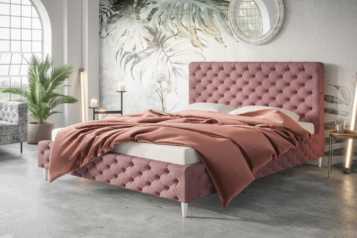POLSTERBETT LUX Miami mit Kopfteil, 160 x 200 cm, Doppelbett mit Lattenrost aus Holz, Velourstoff Rosa, Füße in Farbe: Weiß - Pink, Holz/Textil (160/200cm) - Alpi-Möbel