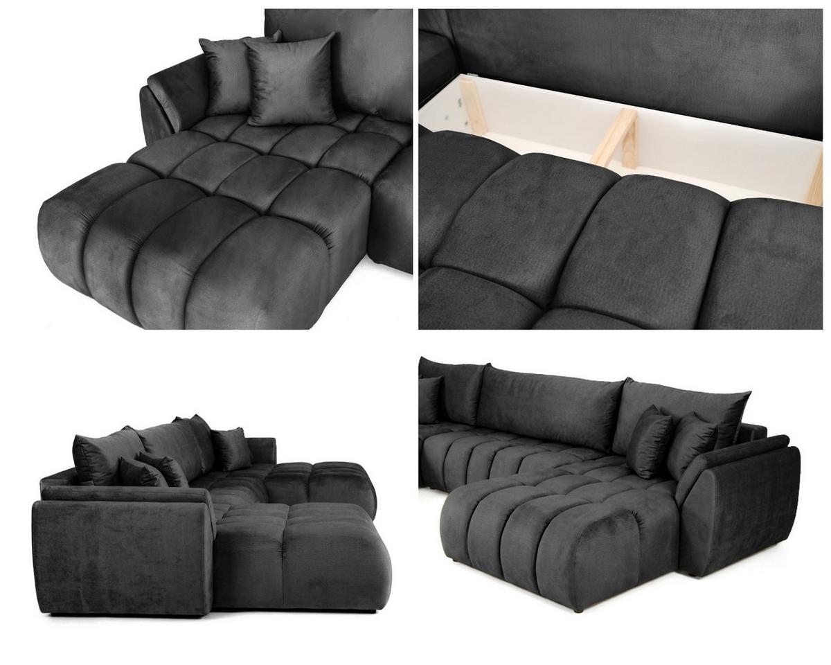 ECKSOFA Iris U mit Schlaffunktion und Bettkasten, U-Form – Grau Samt 382/184/85 cm - Schwarz/Grau, Kunststoff/Textil (382/184cm) - WFL GROUP