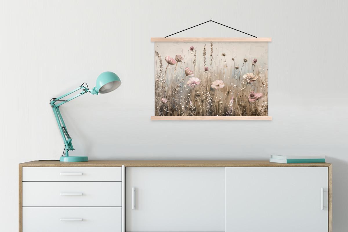 POSTER MIT MAGNETLEISTEN Blumen - Rosa - Modern - Beige Wanddeko 90x60 cm - Beige, Textil (90/60/0.15cm) - MuchoWow