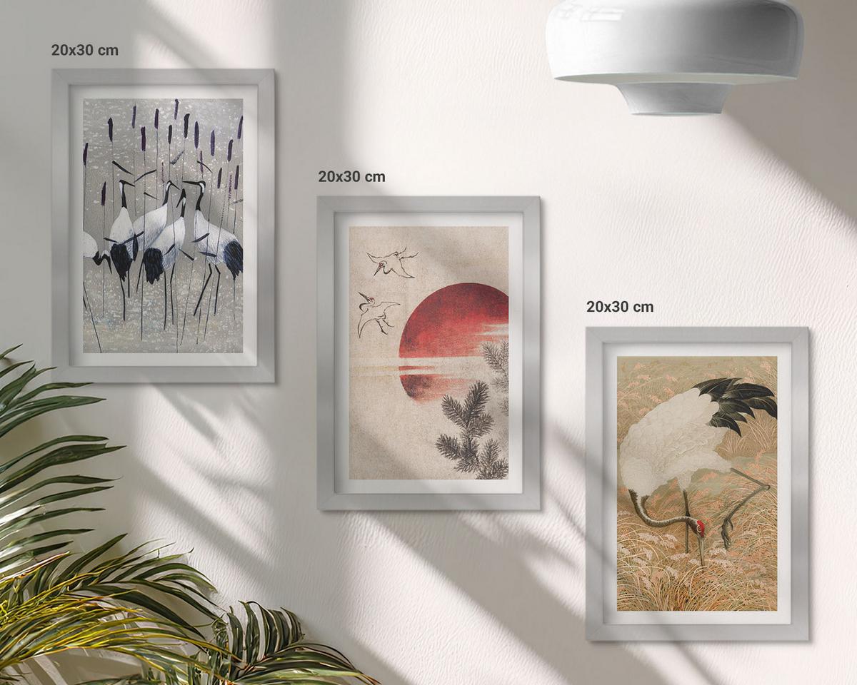 BILDER SET 3er Set - 20x30 cm Silberner Rahmen - Japanische Kraniche Landschaft - Silberfarben, Kunststoff (20/30cm) - TULUP