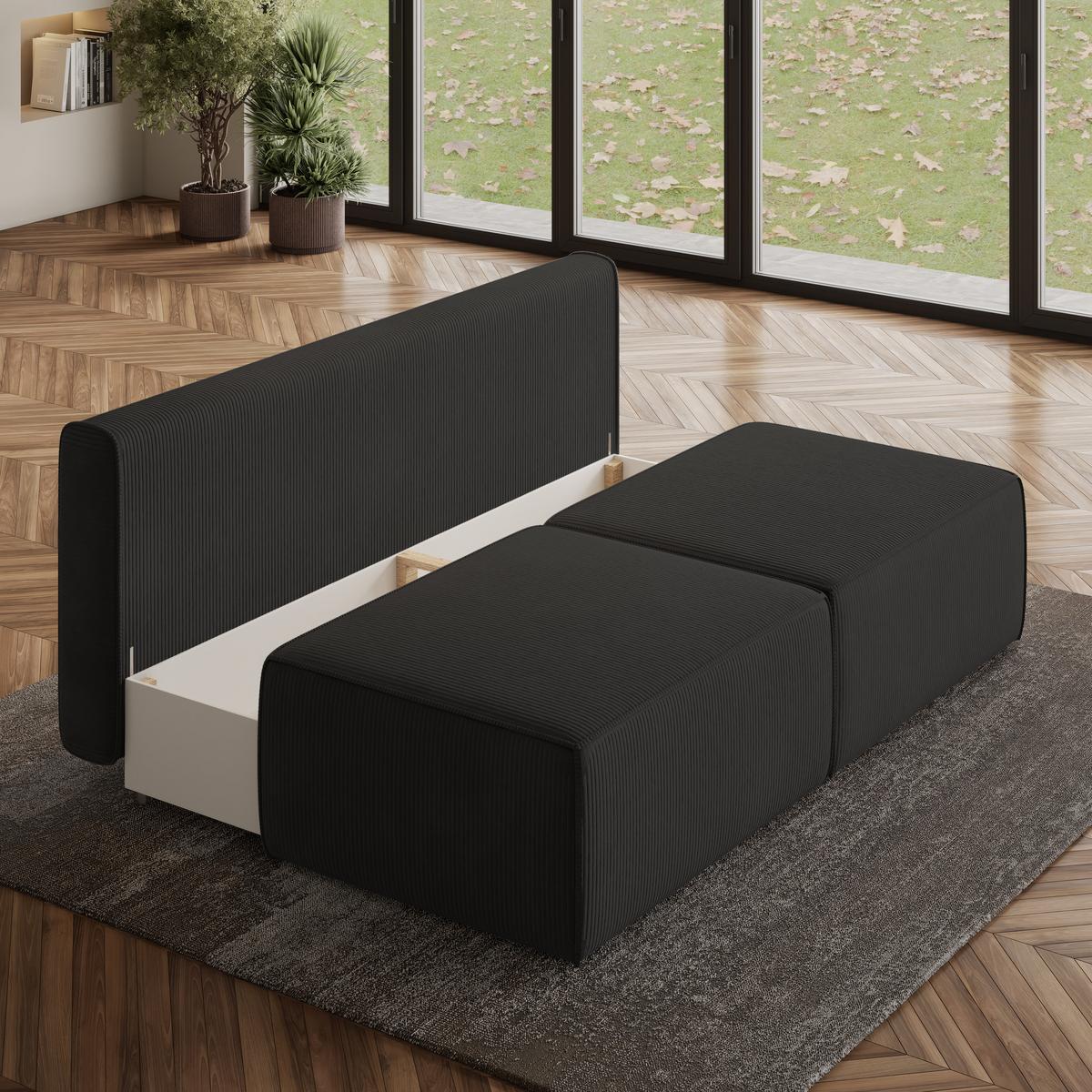 ECKSOFA VARNA P Schwarz Kordstoff mit Schlaffunktion - Schwarz/Grau, Holz/Kunststoff (196/158cm) - MASSENO