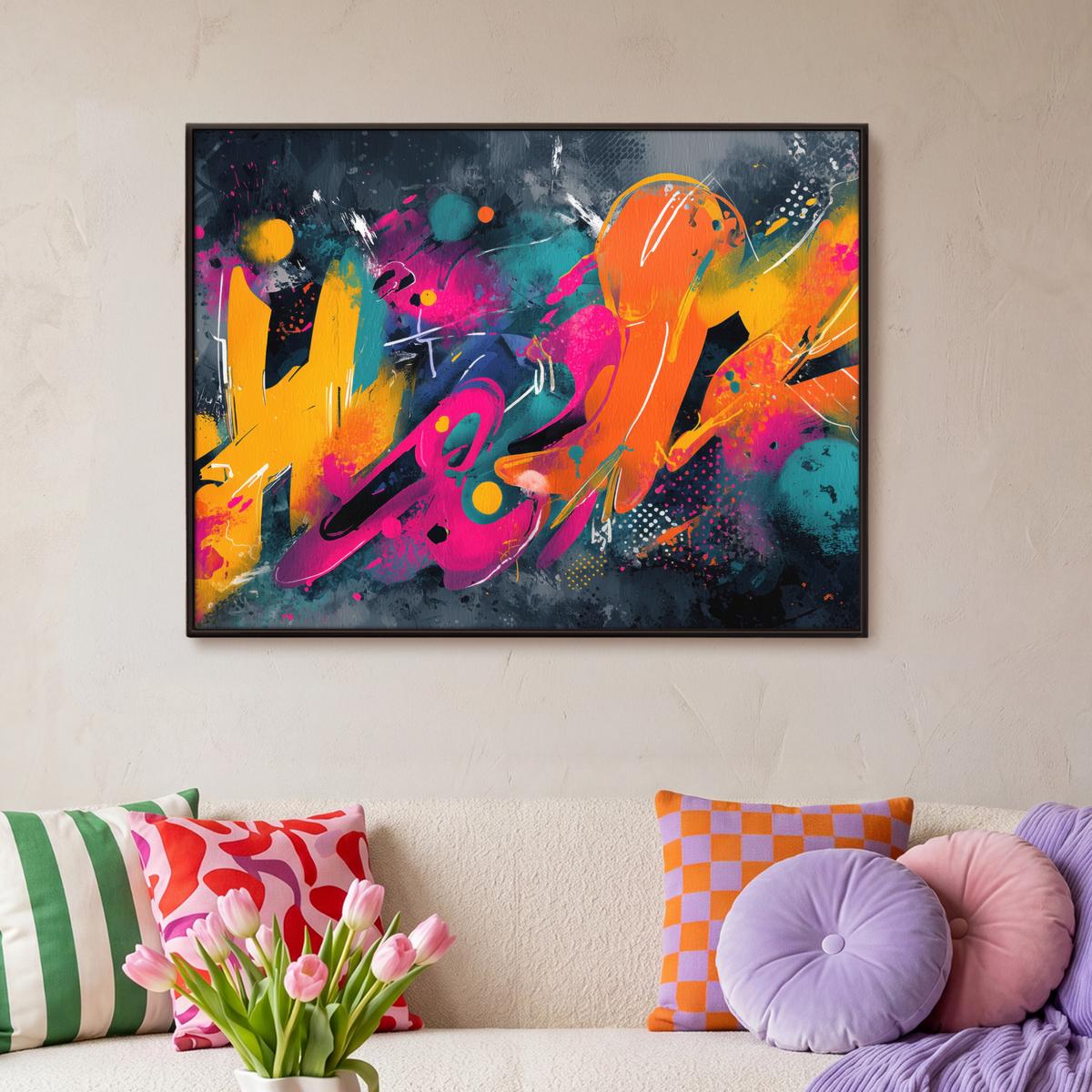 LEINWAND Bilder mit Rahmen - Abstrakt - Graffiti - Farbenfroh - Farbspritzer - 100x70 - Multicolor, Textil (100/70cm) - MuchoWow