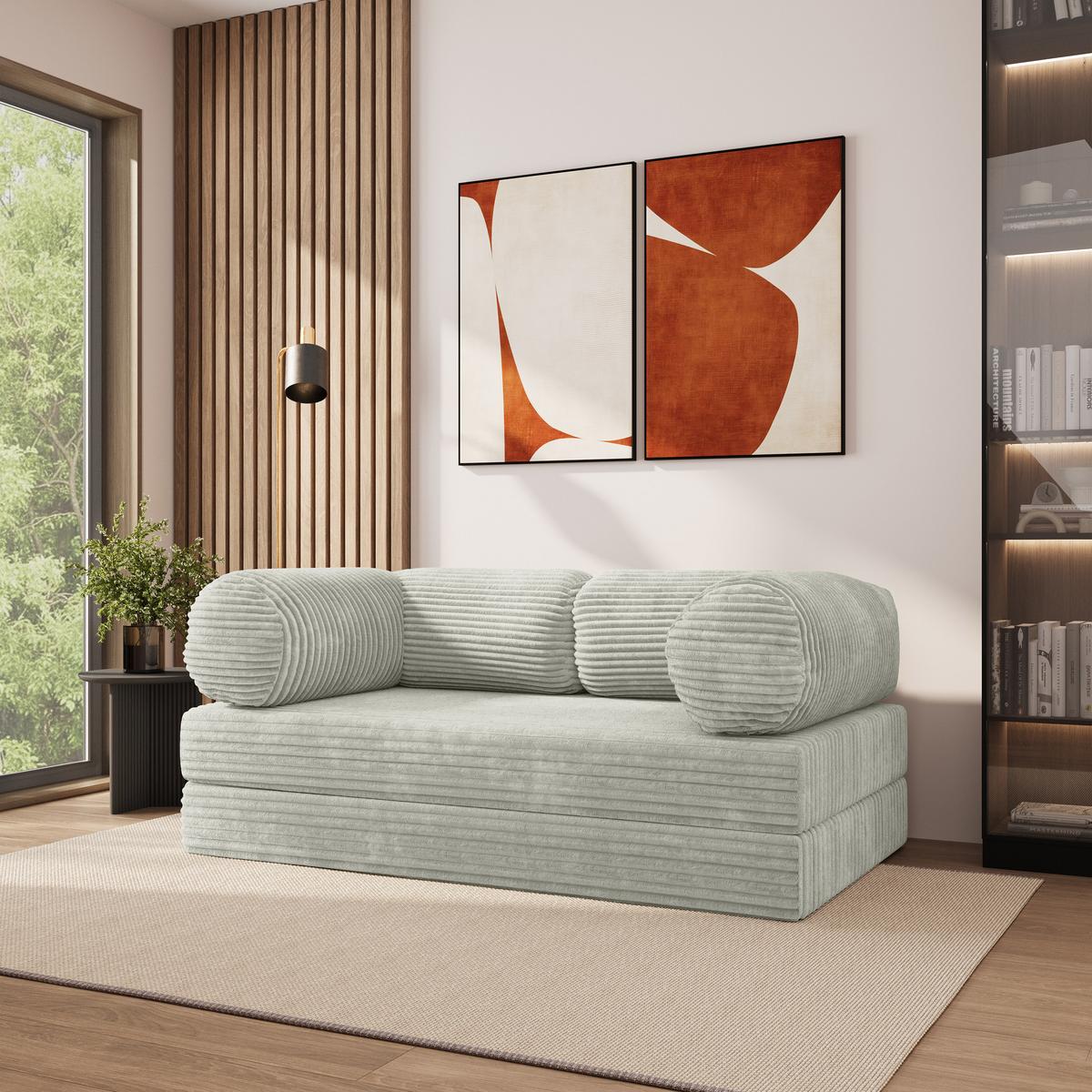 BETTSOFA ALVIO aus Schaumstoff Kordstoff Hellgrau Schlaffunktion - Hellgrau, Textil (170/68/80cm) - MASSENO