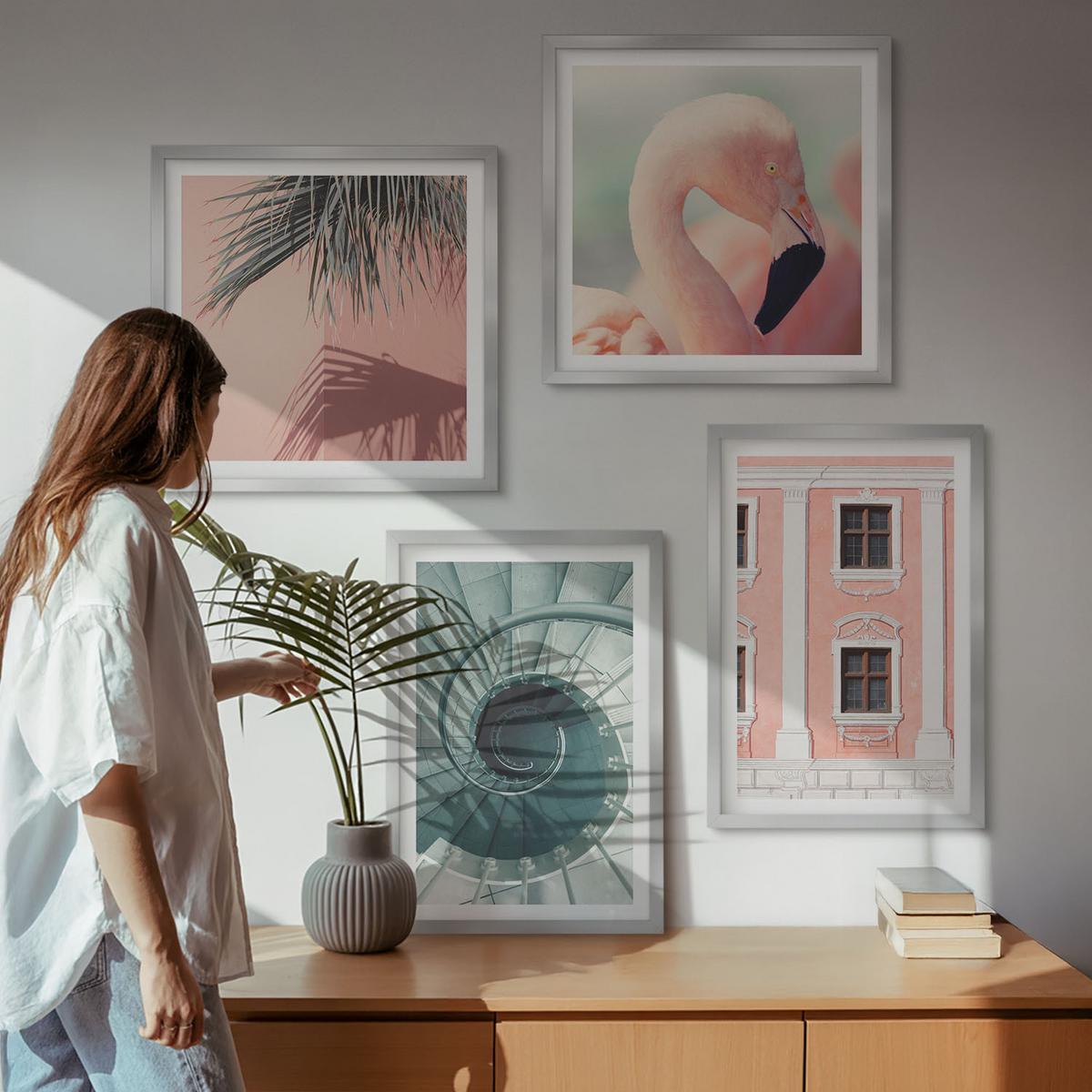 BILDER SET 4er Set - 50x50 cm & 40x60 cm Silberner Rahmen - Architektur-Pastellmuster - Silberfarben, Kunststoff (50/50cm) - TULUP