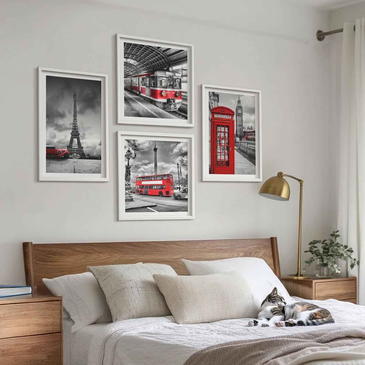 BILDER SET 4er Set - 50x50 cm & 40x60 cm Weißer Rahmen - Ikonische Städte London Paris Eisenbahn - Weiß, Kunststoff (50/50cm) - TULUP
