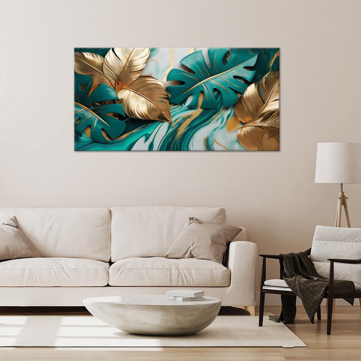 LEINWANDBILD Monstera Leaves Gold Türkis Marmor 100x50cm - Grün, Textil (100/50cm) - Feeby