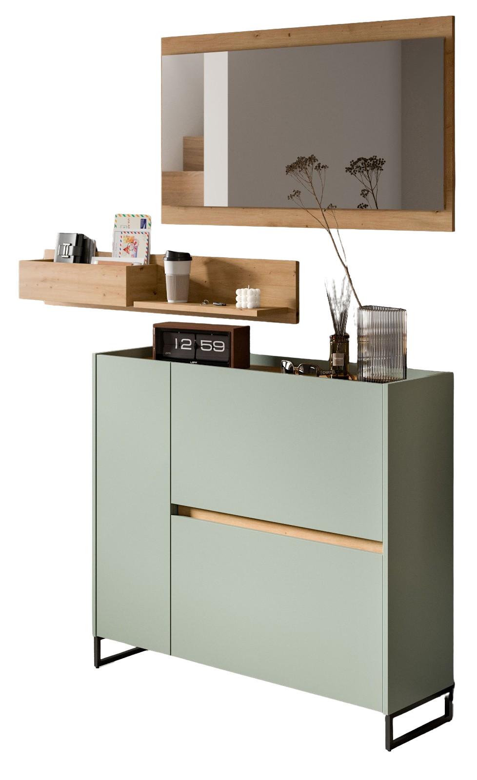 GARDEROBE-SET Salbei und Artisan Eiche, Garderobe 3-teilig, 140 x 192 cm, Soft-Close, Borga - Salbeigrün/Schwarz, Holzwerkstoff/Metall (140/192/32cm) - Inn.Furn