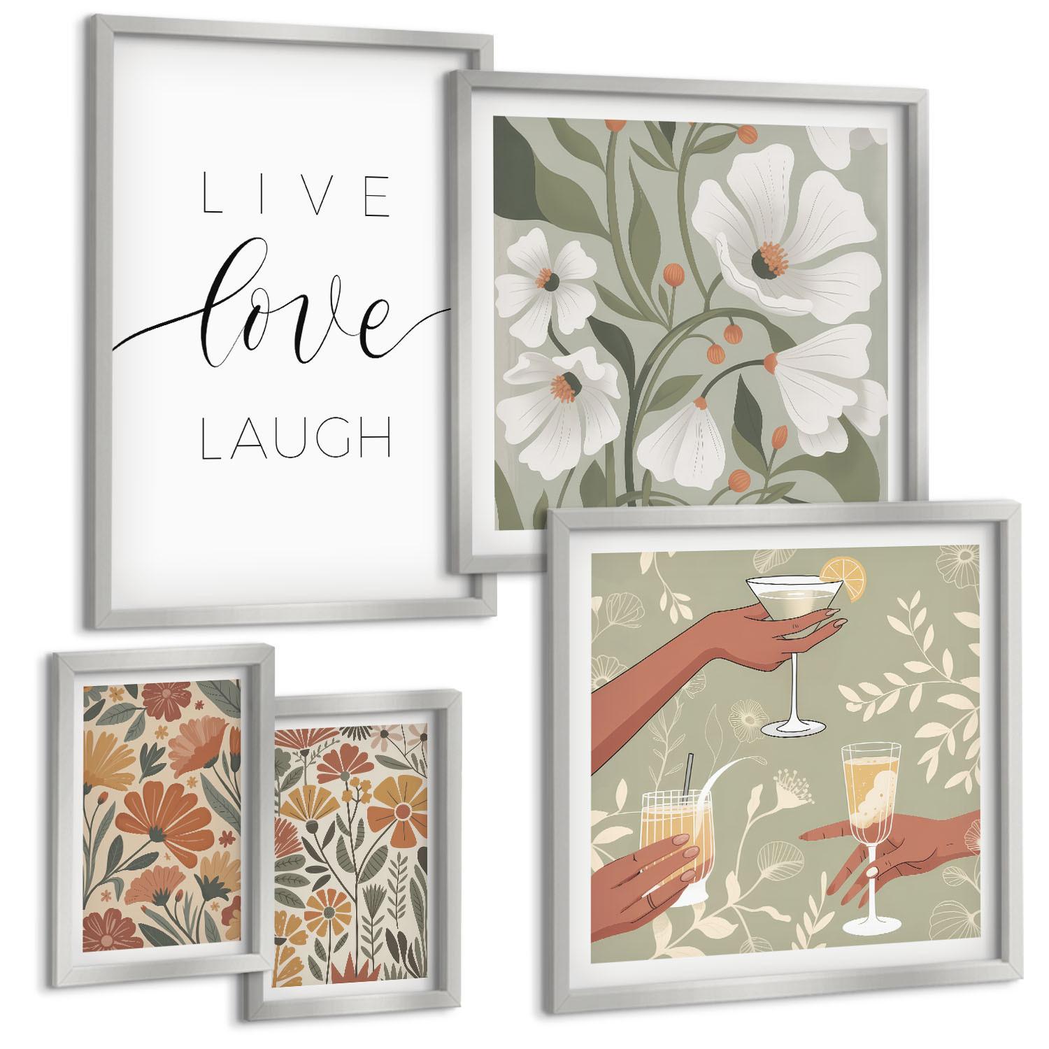 BILDER SET 5er Set - 50x50 cm & 20x30 cm & 40x60 cm Silberner Rahmen - Boho-Pflanzenmuster - Silberfarben, Kunststoff (40/60cm) - TULUP