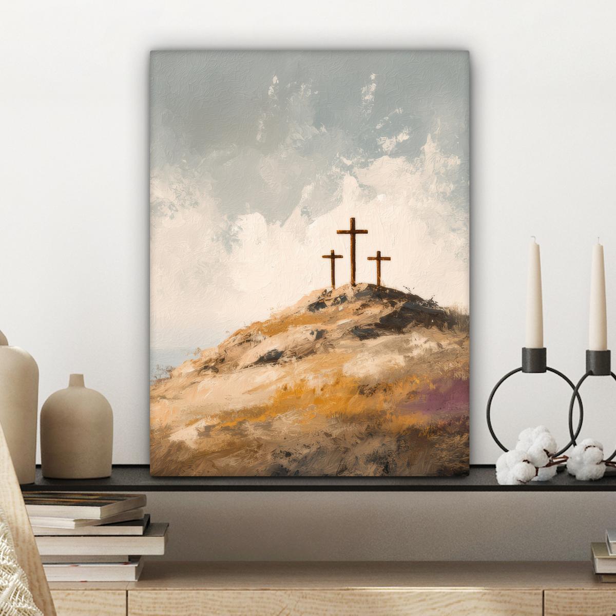 LEINWANDBILD Hügel - Abstrakt - Christentum - Kreuz Room Decor 30x40 cm - Hellgrau, Textil (30/40cm) - MuchoWow