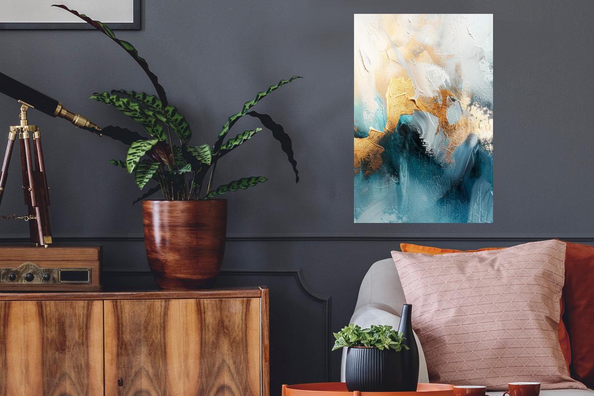 WANDTATTOO Abstrakt - Kunst - Gold - Blau Wandbild 40x60 cm - Petrol, Kunststoff (40/60/0.1cm) - MuchoWow
