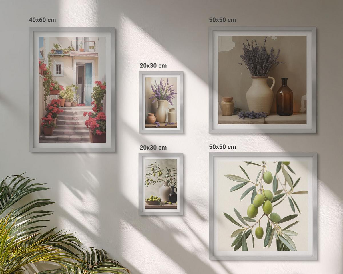BILDER SET 5er Set - 50x50 cm & 20x30 cm & 40x60 cm Silberner Rahmen - Oliven in Keramikgrau - Silberfarben, Kunststoff (40/60cm) - TULUP