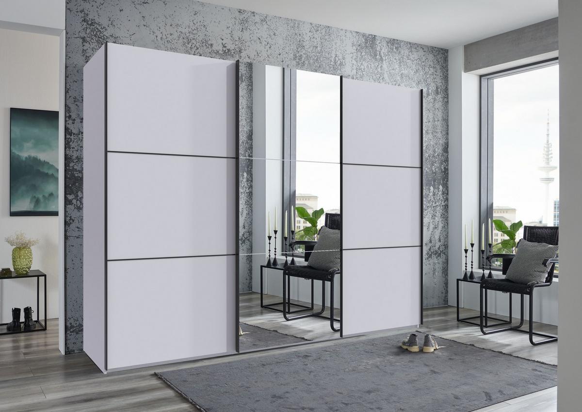 SCHWEBETÜRENSCHRANK 3-türig B300/H216/T65 cm in Weiß, eine Spiegeltür, Kleiderschrank inkl. Vollausstattung / 22019 - Rot/Weiß, Holzwerkstoff/Metall (300/216/65cm) - luma-home