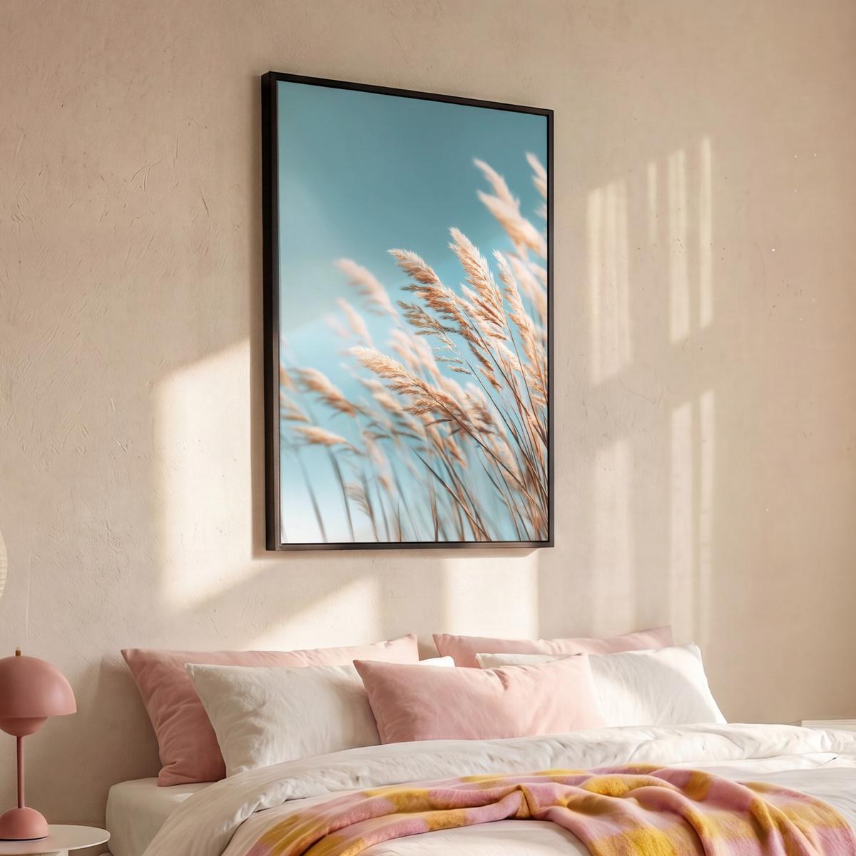 LEINWAND Bilder mit Rahmen - Ziergras - Wind - Hellbraun - 80x120 - Hellblau, Textil (80/120cm) - MuchoWow