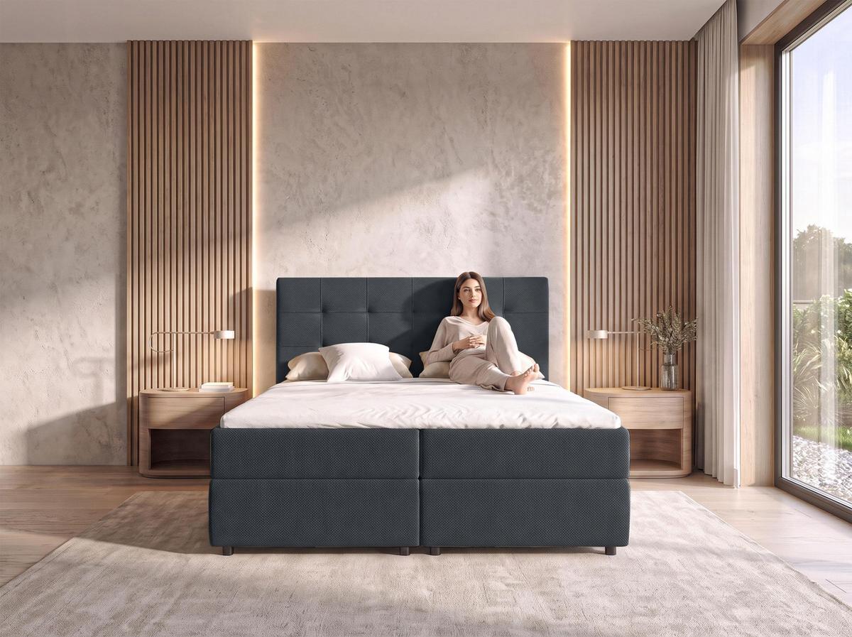 BOXBETT SAKARYA 180x200 cm mit Bettkasten und Matratze - Schwarz + TOPPER - Schwarz, Holz/Holzwerkstoff (180/200cm) - AX Living