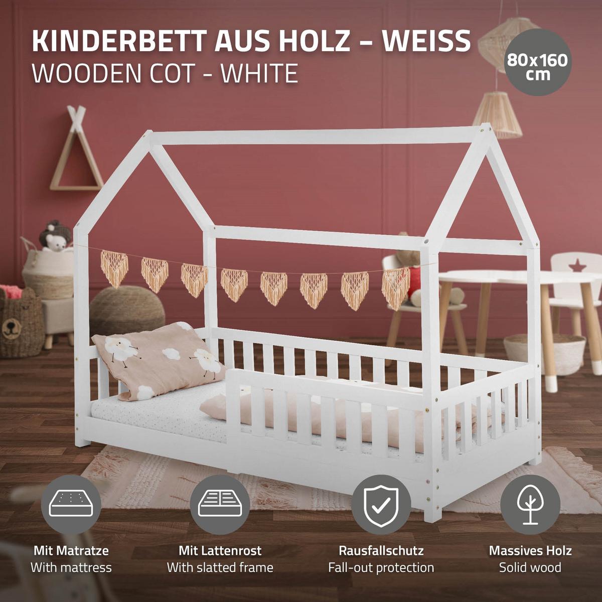 KINDERBETT mit Dach und Matratze 80x160 cm Weiß - Weiß, Holz (80/160cm) - ML-DESIGN