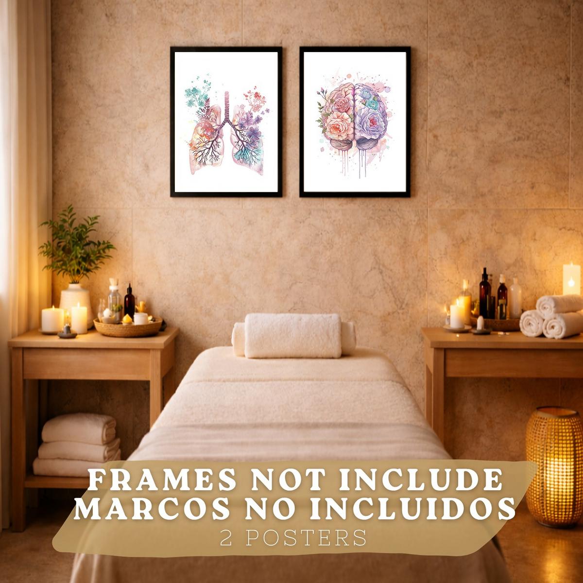 POSTER Set aus 2 Anatomie Mensch Drucke und Wandbilder mit Lungen Luftröhre Bronchien und Gehirn Pastellfarbenes Florales Aquarell Größe Rahmenlos A3 - Klar, Papier (29.7/42/3cm) - Nacnic