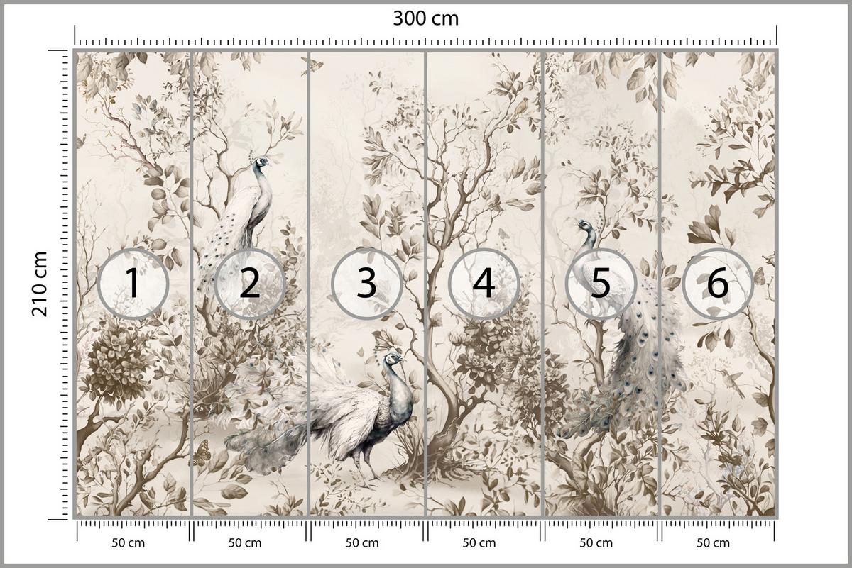 FOTOTAPETE für Wohnzimmer Pfauen Zwischen Bäumen Büsche Blätter 300x210 - Beige, Papier (300/210cm) - Muralo