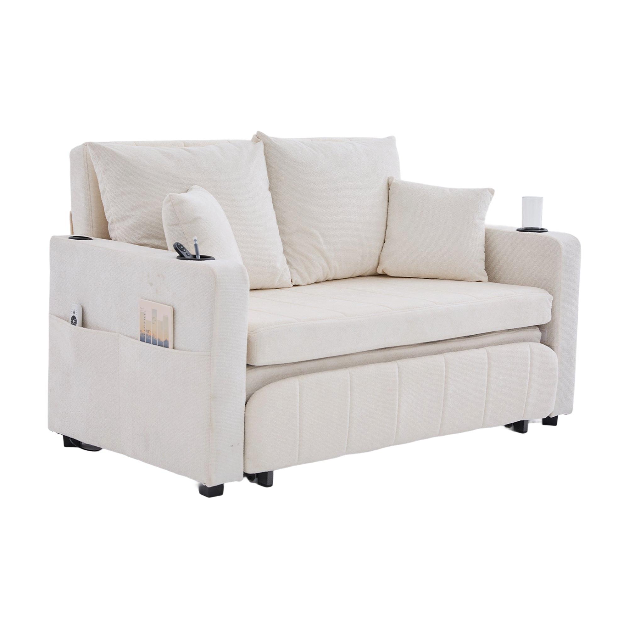 SCHLAFSOFA aus chenille mit bettfunktion, usb-anschluss & becherhaltern - Beige, Textil (139/83/73cm) - Urban Meuble