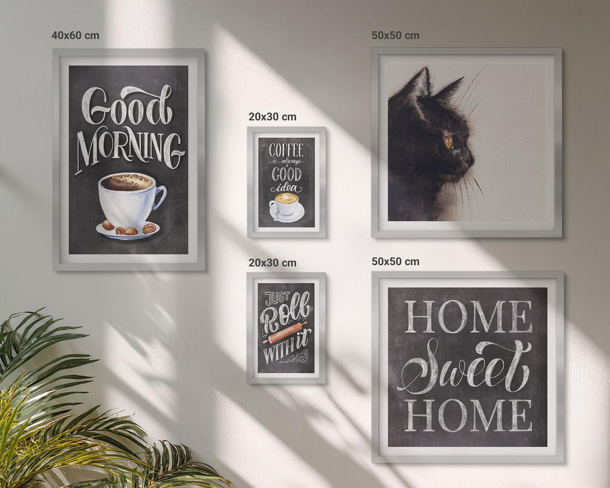 BILDER SET 5er Set - 50x50 cm & 20x30 cm & 40x60 cm Silberner Rahmen - Hausküchenthemen Katze - Silberfarben, Kunststoff (40/60cm) - TULUP