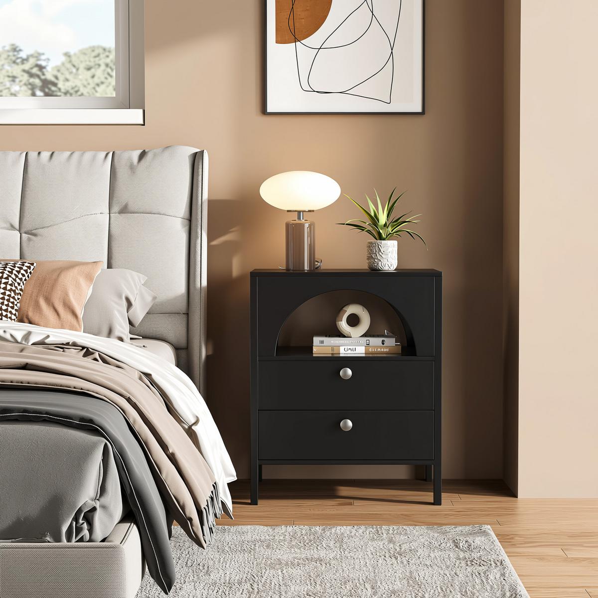 NACHTTISCH Schwarz 45 cm – Nachtkonsole mit 2 Schubladen & offenem Fach - Schwarz, Holzwerkstoff (45/58/40cm) - Urban Meuble