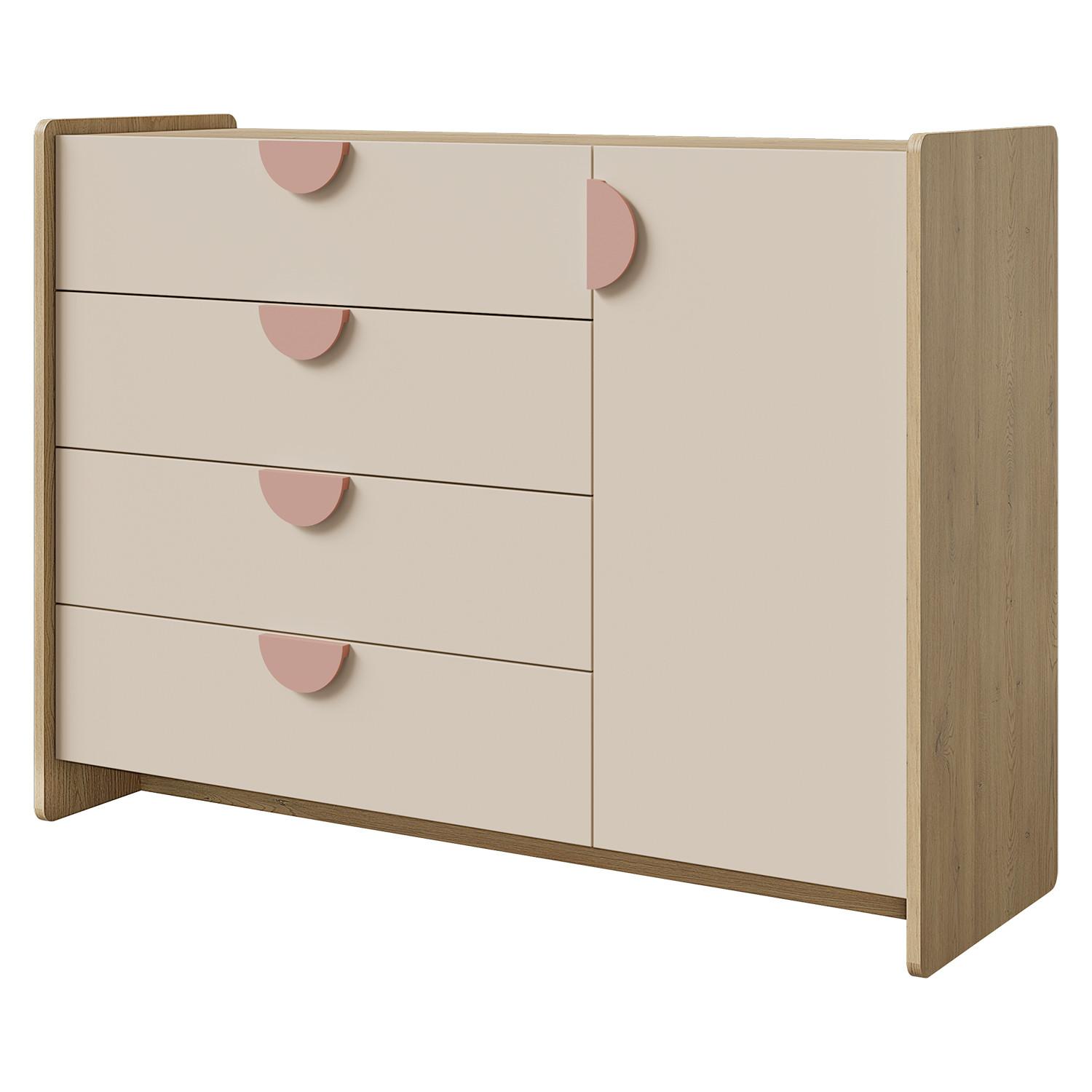 KOMMODE Lena für Jugendliche mit 1 Tür und 4 Schubladen, 120 cm, Eiche Cremona/Macadamia/Puderrosa - Eichefarben/Beige, Holzwerkstoff (123/91/40cm) - Beautysofa