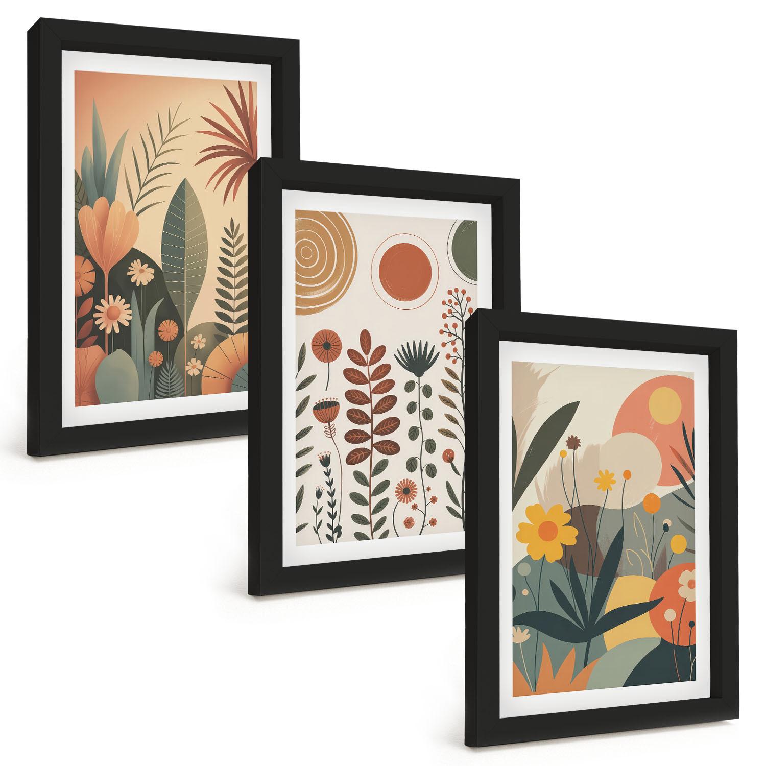 BILDER SET 3er Set - 20x30 cm Schwarzer Rahmen - Boho-Pflanzenmuster Natur - Schwarz, Kunststoff (20/30cm) - TULUP
