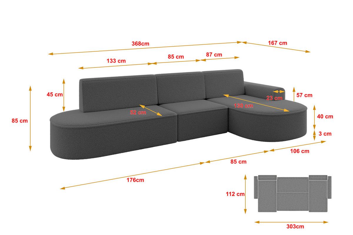 ECKSOFA mit Schlaffunktion Ottomane RECHTS MARI L2-S 368X167X85 Grau Bouclé - Schwarz/Grau, Holzwerkstoff/Kunststoff (167/368cm) - ALTDECOR