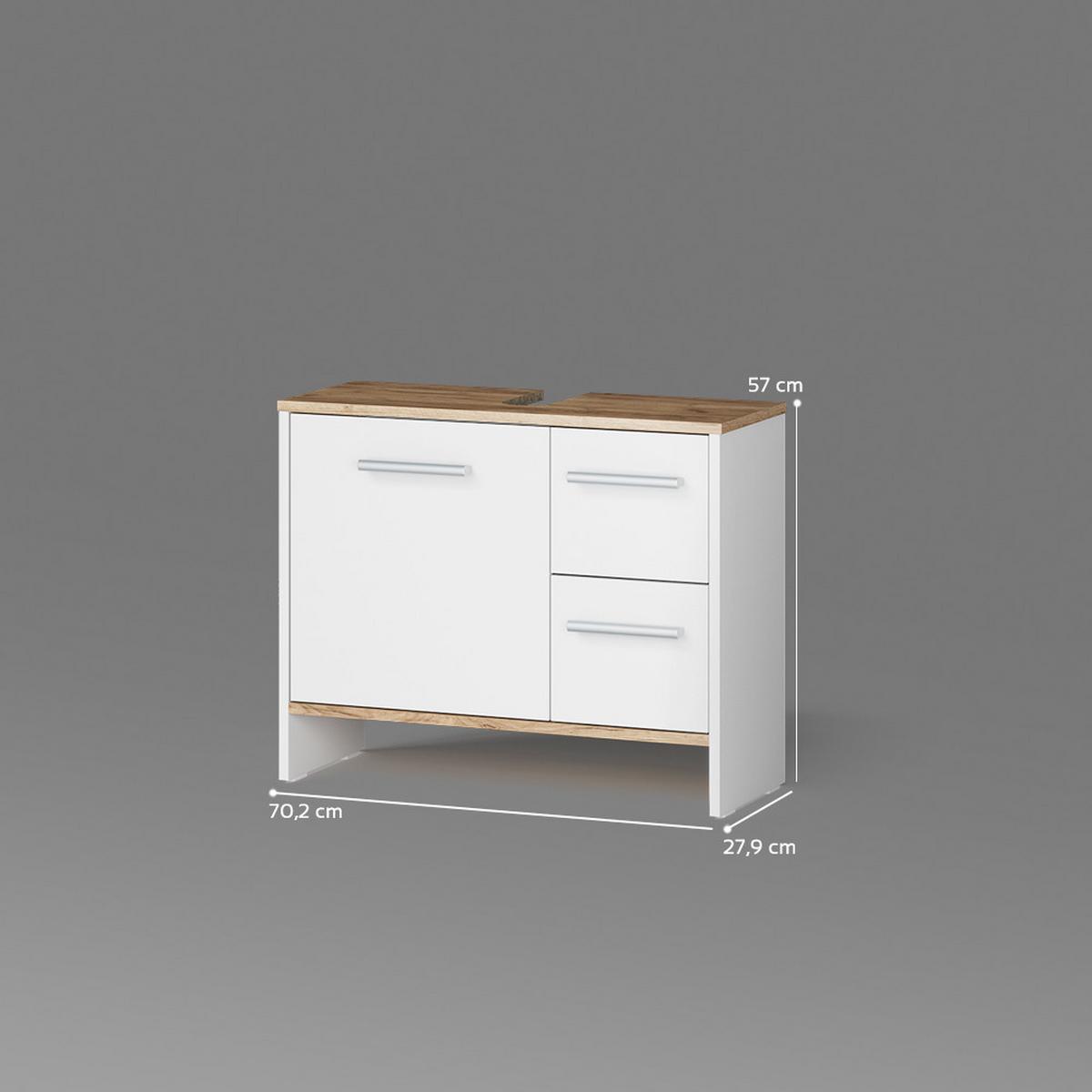 WASCHBECKENUNTERSCHRANK Amalfi Weiß/Goldkraft Eiche 70.2 x 57 cm mit 2 Schubladen und 1 Tür - Honigeiche/Weiß, Holzwerkstoff (70.2/57/27.9cm) - Livinity®