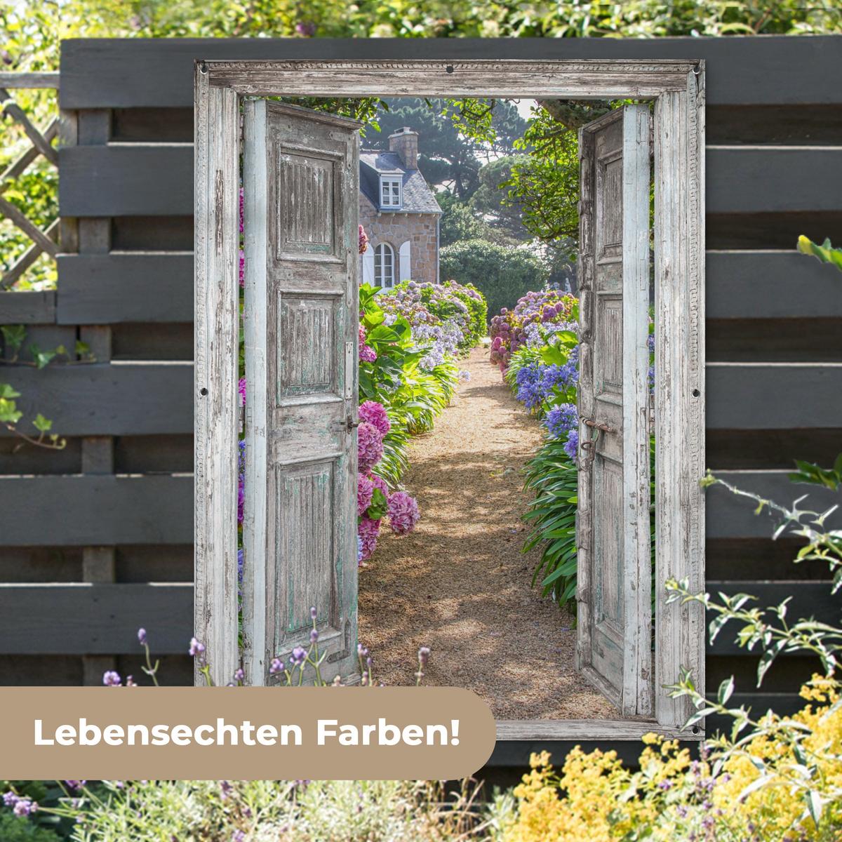 GARTENPOSTER Durchblick - Hortensie - Blumen Gartendekoration 120x160 cm - Hellgrau, Kunststoff (120/160/0.2cm) - OnlyWow
