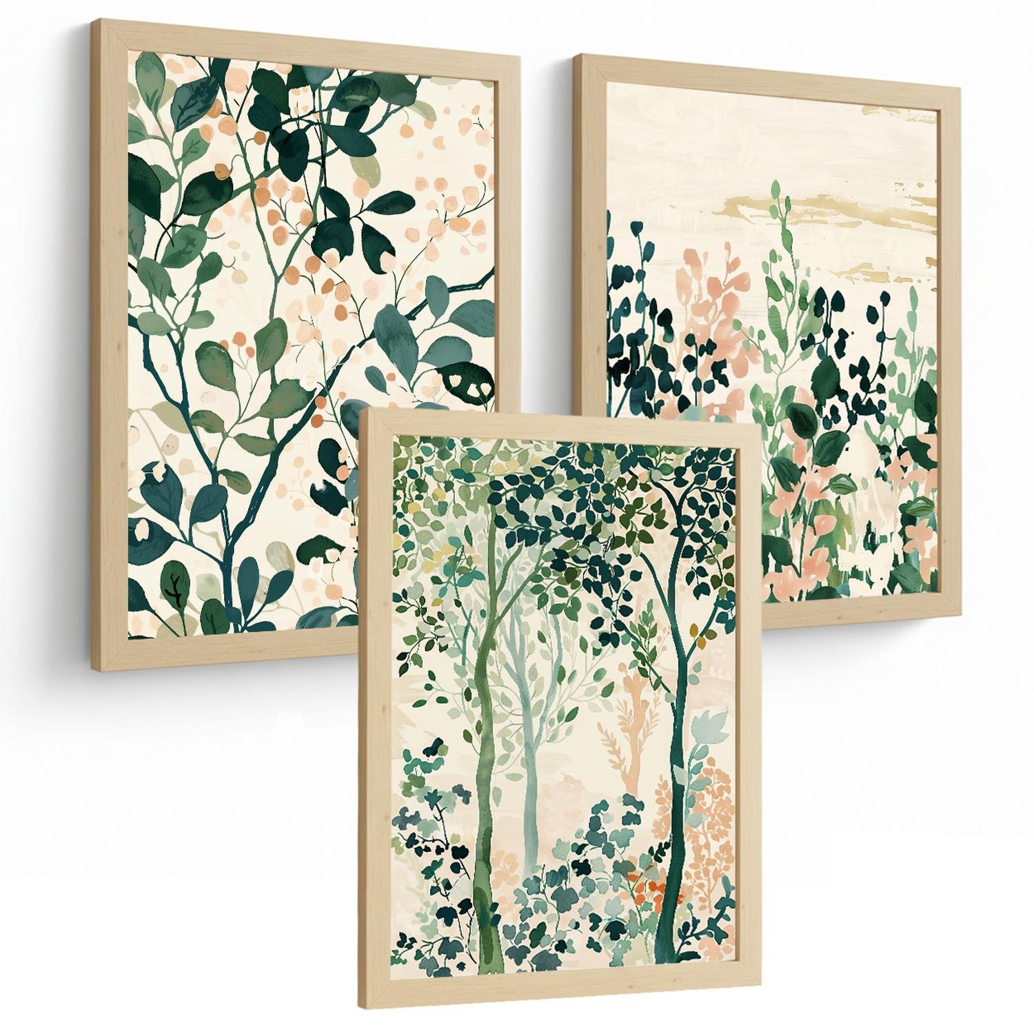POSTER 3er-Set Wandbilder Floral Bäume modern Wohnzimmer Deko, Schlafzimmer, Küche, Badezimmer Leichter Holzrahmen A3 - Beige, Papier (29.7/1/42cm) - Nacnic