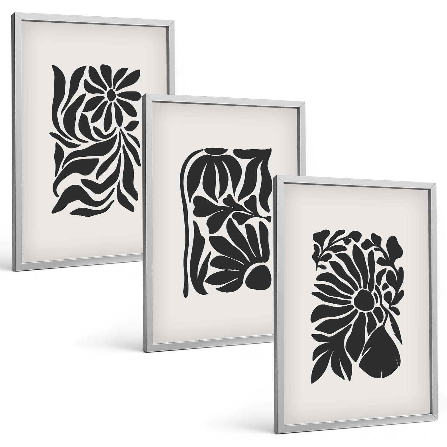BILDER SET 3er Set - 40x60 cm Silberner Rahmen - Abstrakte Pflanzenmuster - Silberfarben, Kunststoff (40/60cm) - TULUP