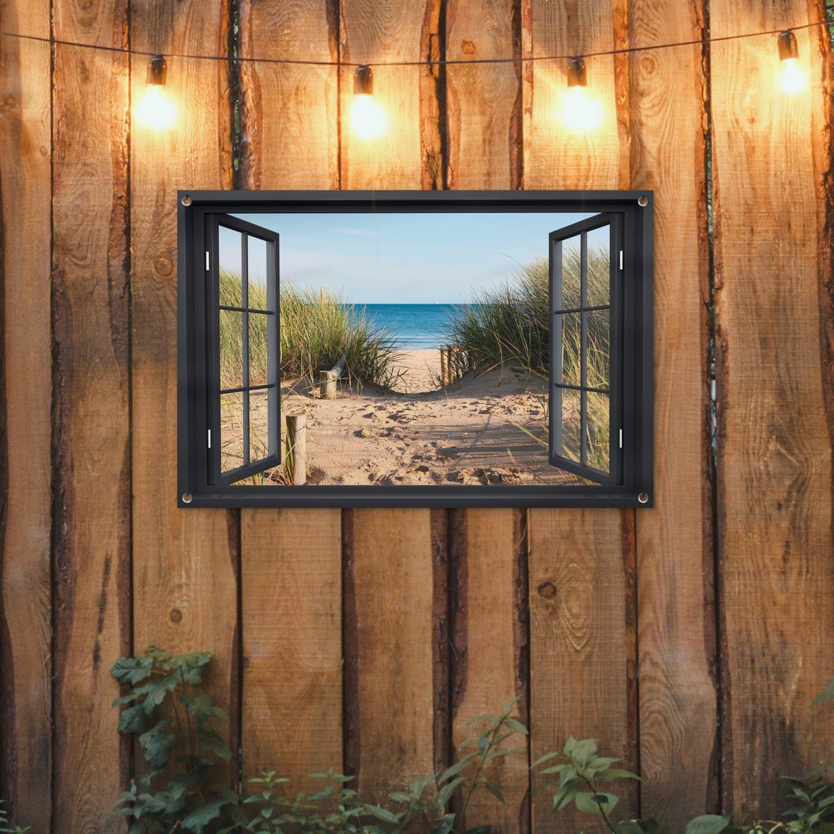GARTENPOSTER Durchblick - Strand - Meer - Sand - Wasser - Strandhafer - Dünen Gartendeko 90x60 cm - Sandfarben, Kunststoff (90/60/0.2cm) - OnlyWow