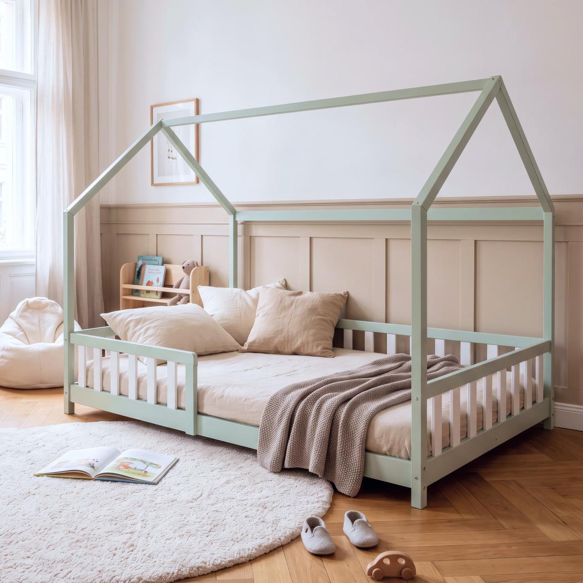 HAUSBETT Hesel - Weiß/Mintgrün, Holz (120/200cm) - [en.casa]