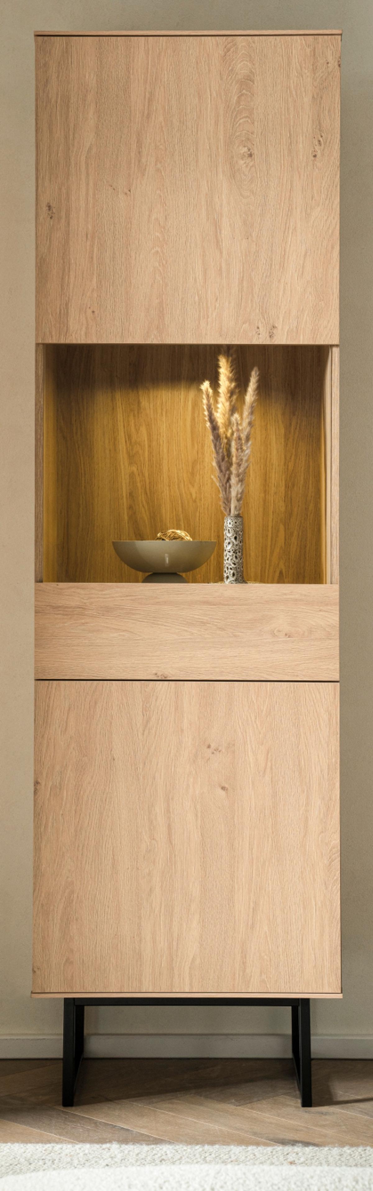 VITRINE Stone Eiche, Vitrinenschrank 58 x 200 cm, mit Push-to-Open - Eichefarben/Schwarz, Holzwerkstoff/Metall (58/200/40cm) - Furn.Design