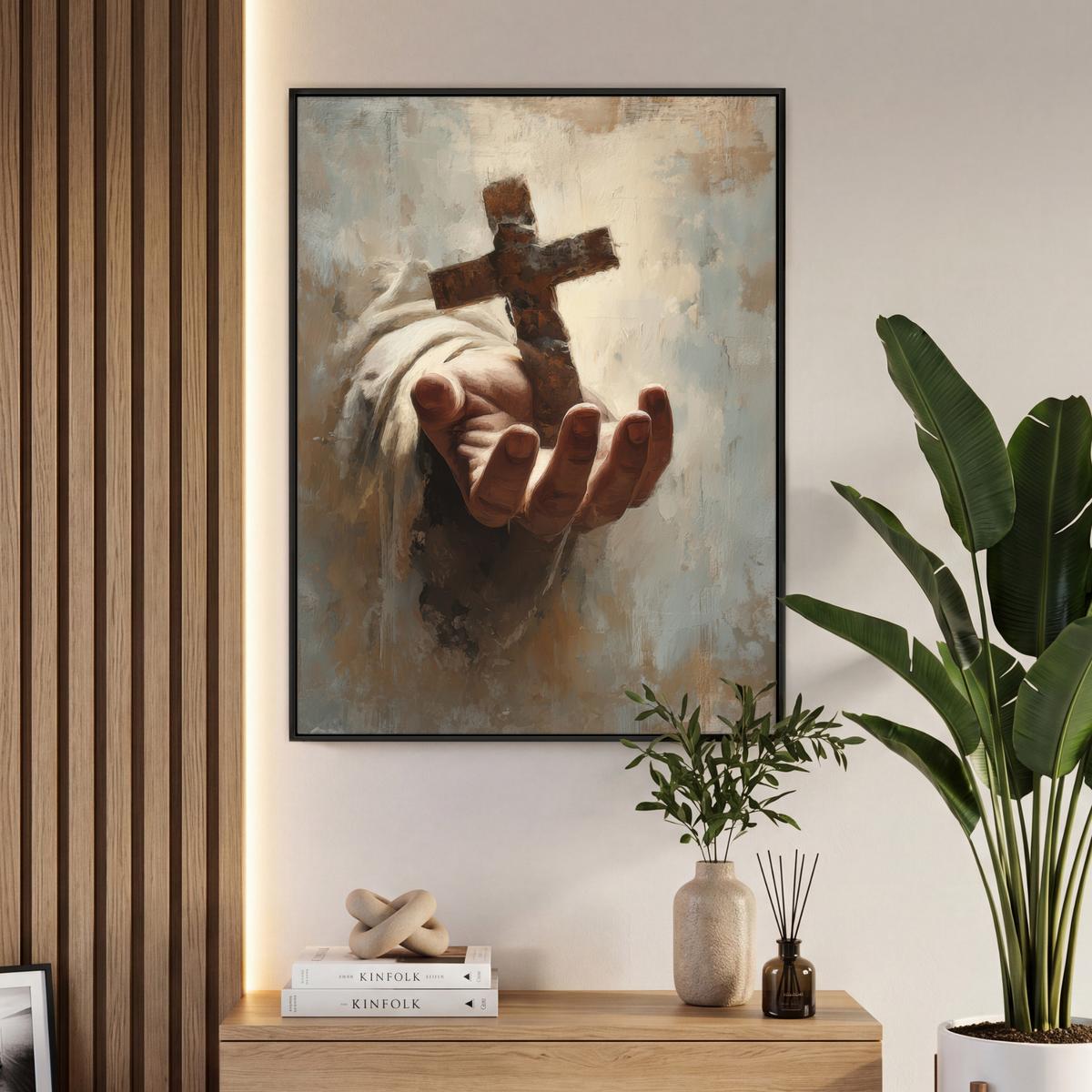 LEINWAND Bilder mit Rahmen - Abstrakt - Kreuz - Hand - Christentum - 70x100 - Hellbraun, Textil (70/100cm) - MuchoWow