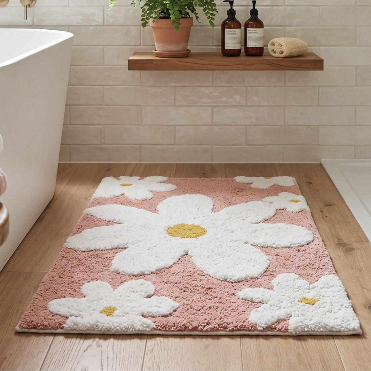 BADTEPPICH Blumen 50/80 cm, rosa-weiß, 100 % Baumwolle - Rosa, Textil (50/80cm) - Homescapes